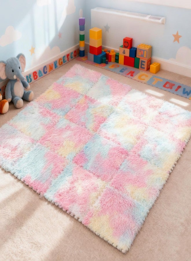 Maasechs 16 Pcs Pastel Shaggy Unicorn Princess Plush Puzzle Foam Floor Mat, 11.8 x 11.8 Inch Soft Interlocking Carpet Tiles, Colorful Shaggy Play Mat for Play Room, Nursery, Dorm Decor - Image 1
